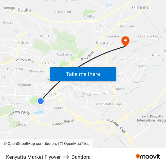 Kenyatta Market Flyover to Dandora map