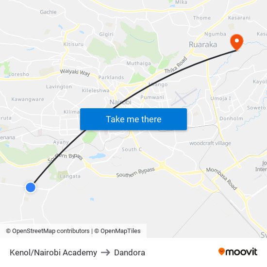 Kenol/Nairobi Academy to Dandora map