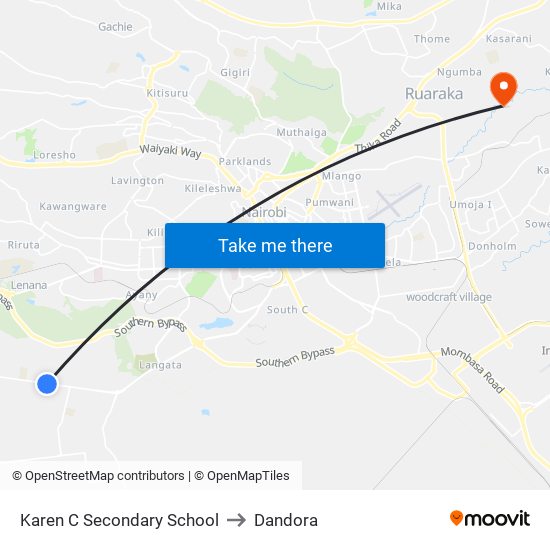 Karen C Secondary School to Dandora map