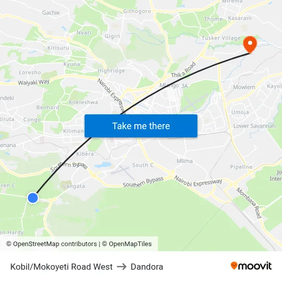 Kobil/Mokoyeti Road West to Dandora map