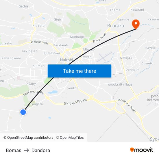 Bomas to Dandora map