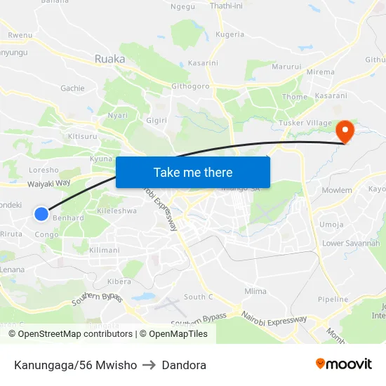 Kanungaga/56 Mwisho to Dandora map