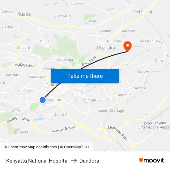Kenyatta National Hospital to Dandora map