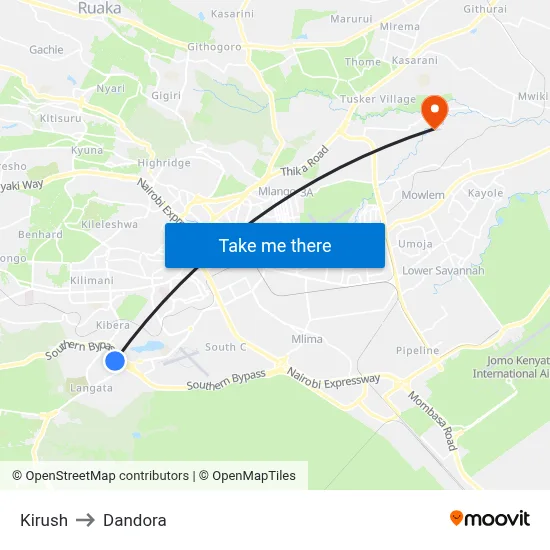 Kirush to Dandora map
