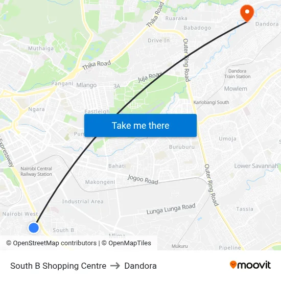 South B Shopping Centre to Dandora map