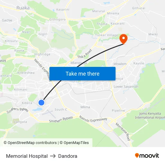 Memorial Hospital to Dandora map