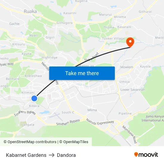 Kabarnet Gardens to Dandora map