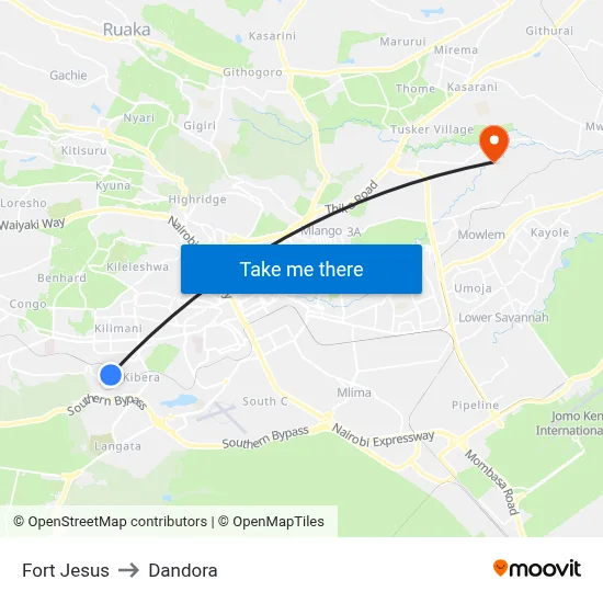 Fort Jesus to Dandora map