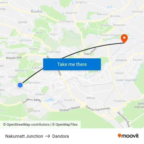 Nakumatt Junction to Dandora map