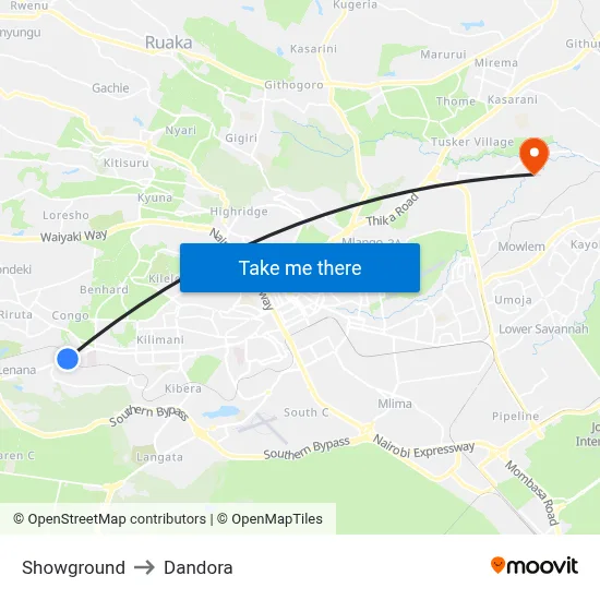 Showground to Dandora map