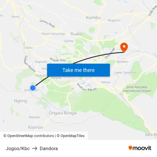 Jogoo/Kbc to Dandora map