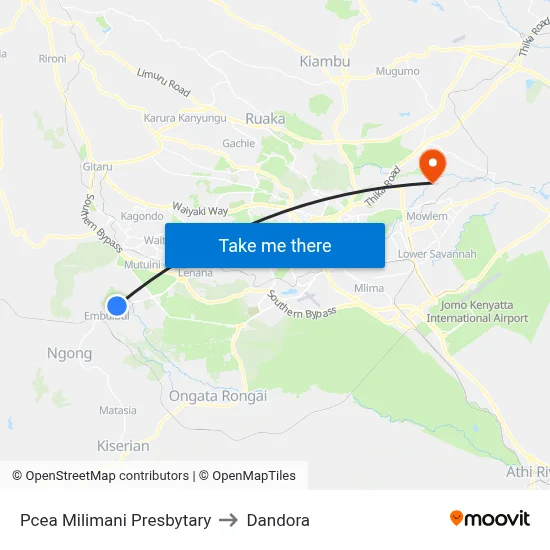 Pcea Milimani Presbytary to Dandora map