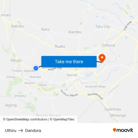Uthiru to Dandora map