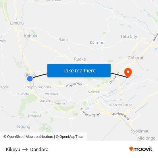 Kikuyu to Dandora map