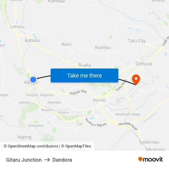 Gitaru Junction to Dandora map