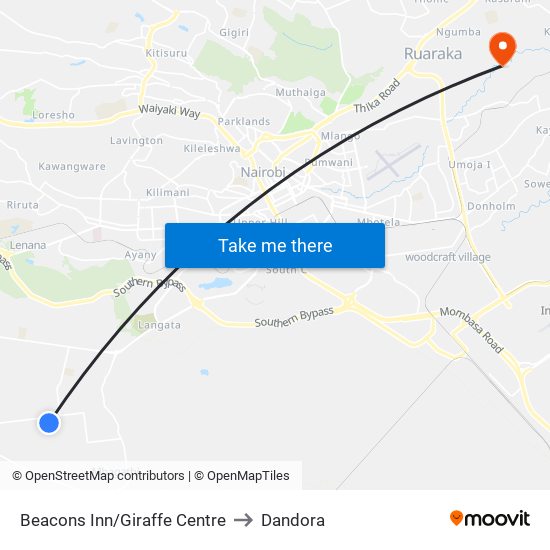 Beacons Inn/Giraffe Centre to Dandora map