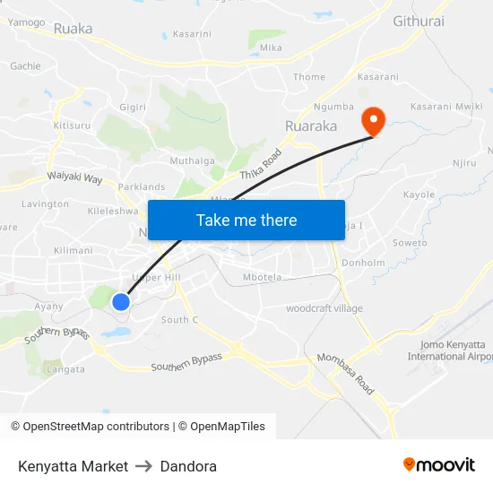 Kenyatta Market to Dandora map