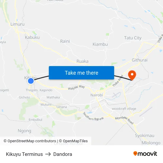 Kikuyu Terminus to Dandora map