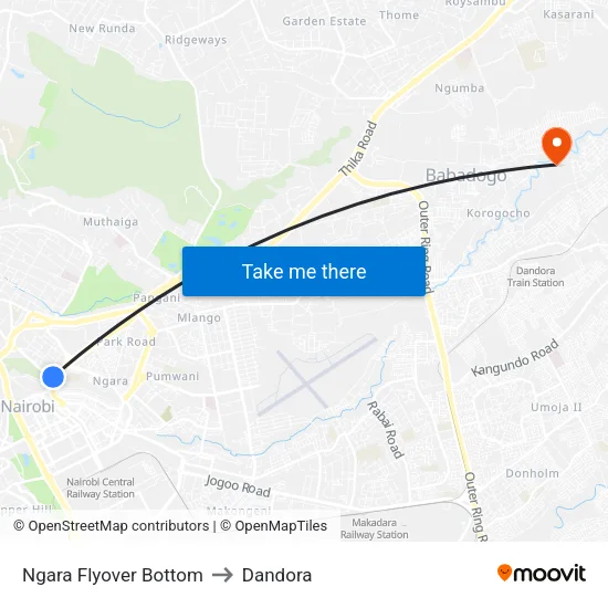 Ngara Flyover Bottom to Dandora map