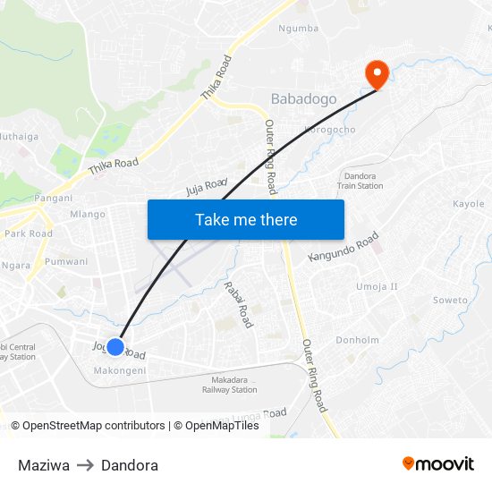 Maziwa to Dandora map