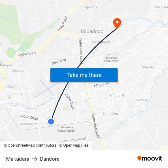 Makadara to Dandora map