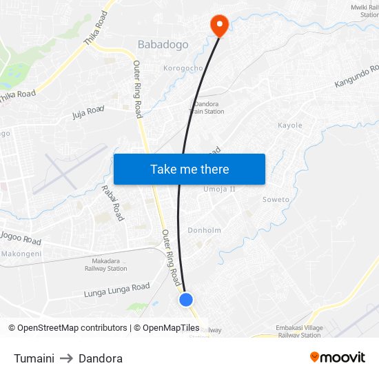 Tumaini to Dandora map