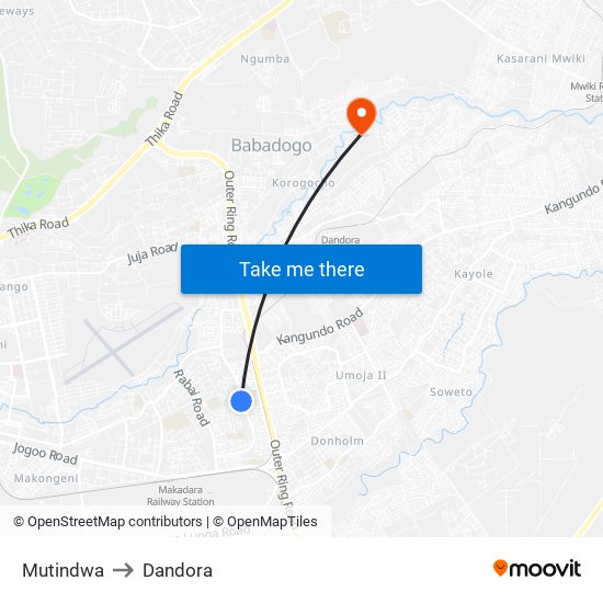 Mutindwa to Dandora map