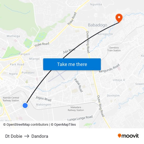 Dt Dobie to Dandora map