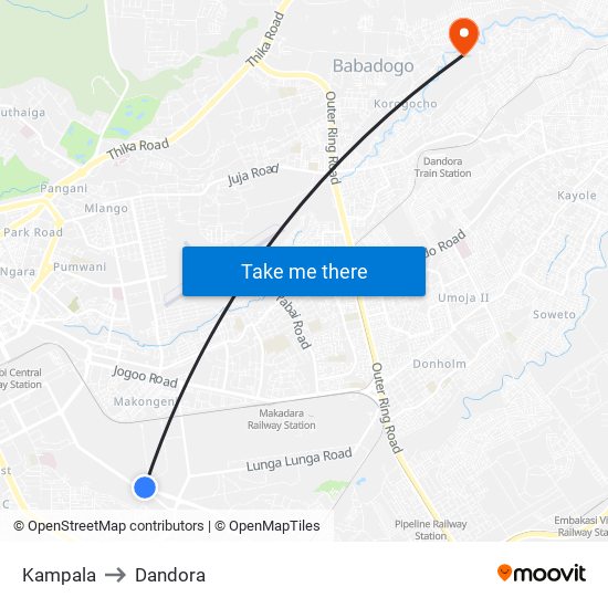 Kampala to Dandora map