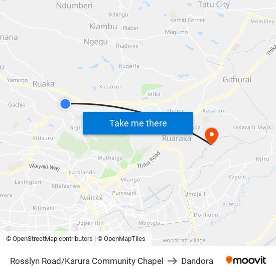 Rosslyn Road/Karura Community Chapel to Dandora map