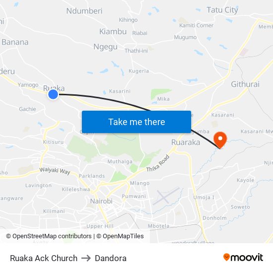 Ruaka Ack Church to Dandora map