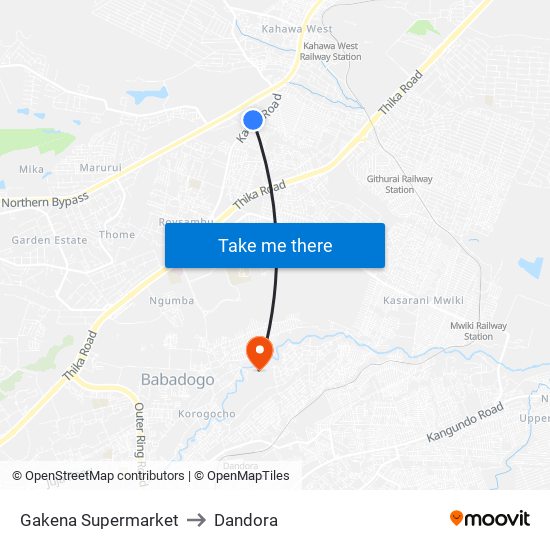 Gakena Supermarket to Dandora map