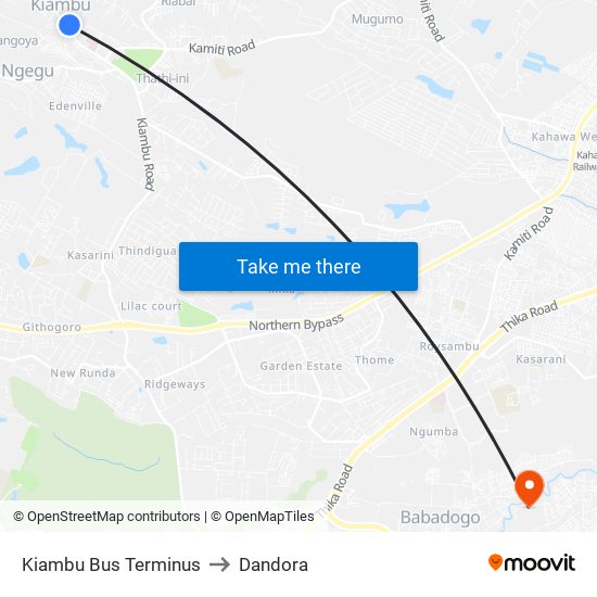 Kiambu Bus Terminus to Dandora map