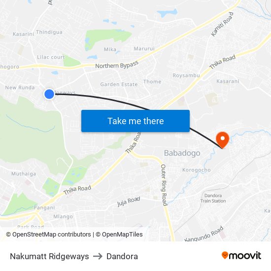 Nakumatt Ridgeways to Dandora map