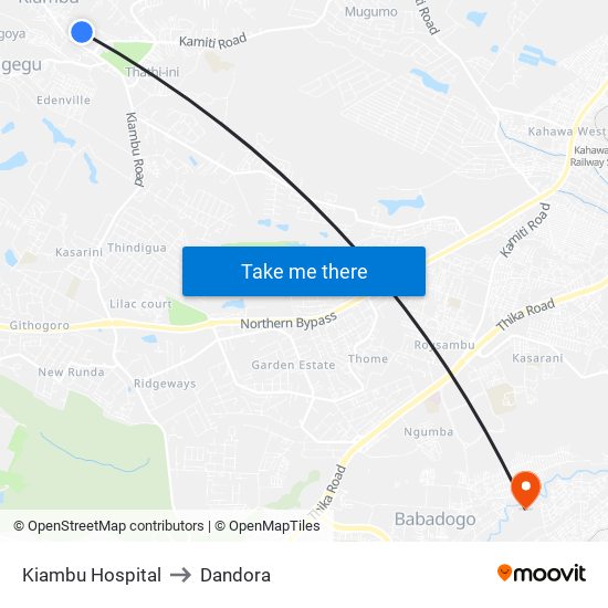 Kiambu Hospital to Dandora map
