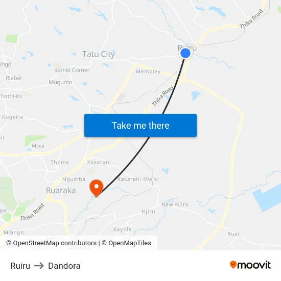 Ruiru to Dandora map