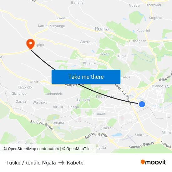 Tusker/Ronald Ngala to Kabete map