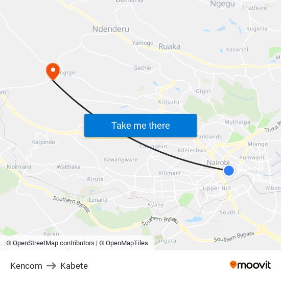 Kencom to Kabete map