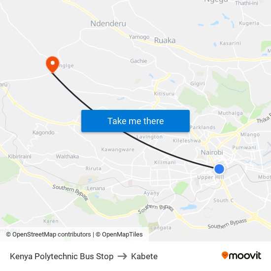 Kenya Polytechnic Bus Stop to Kabete map