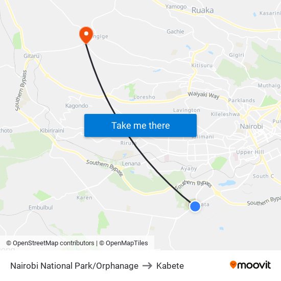 Nairobi National Park/Orphanage to Kabete map