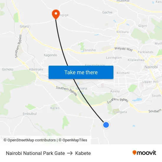 Nairobi National Park Gate to Kabete map