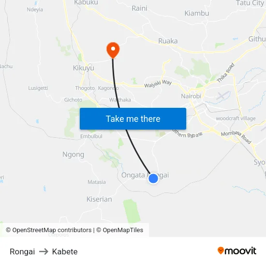 Rongai to Kabete map