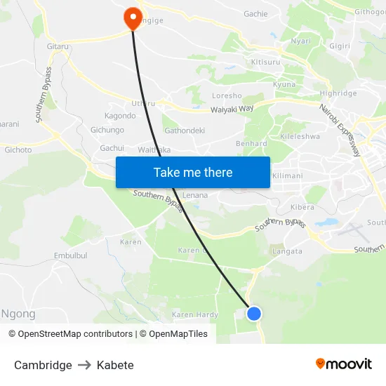 Cambridge to Kabete map
