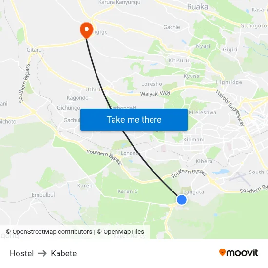 Hostel to Kabete map