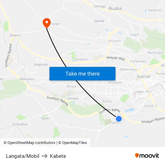 Langata/Mobil to Kabete map