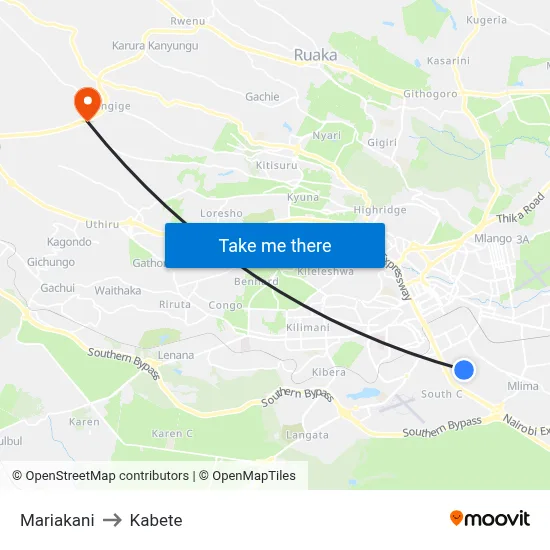 Mariakani to Kabete map