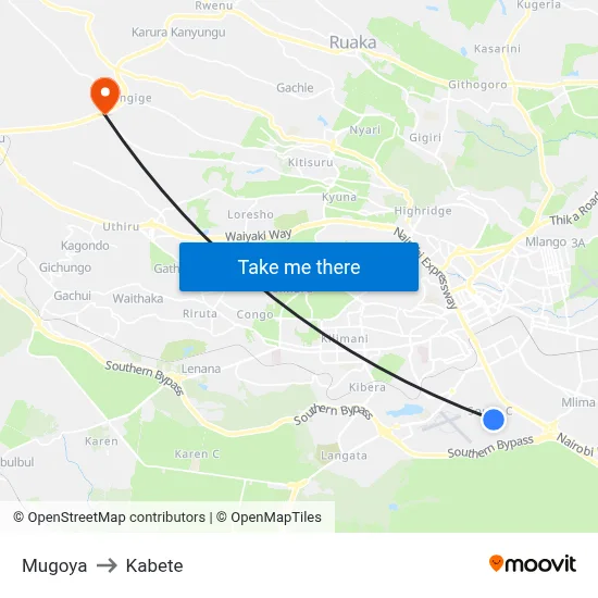Mugoya to Kabete map