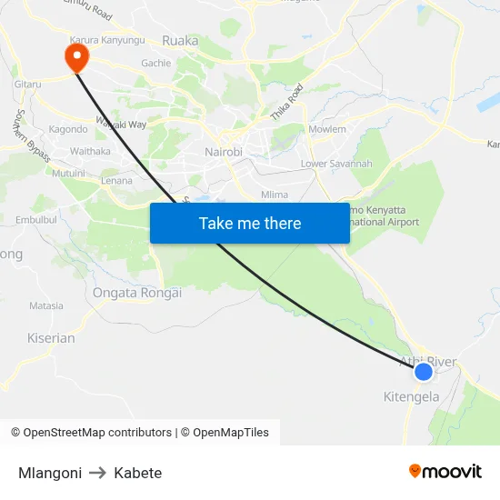 Mlangoni to Kabete map