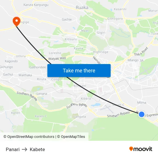Panari to Kabete map