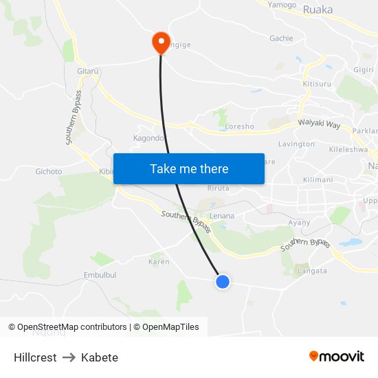 Hillcrest to Kabete map